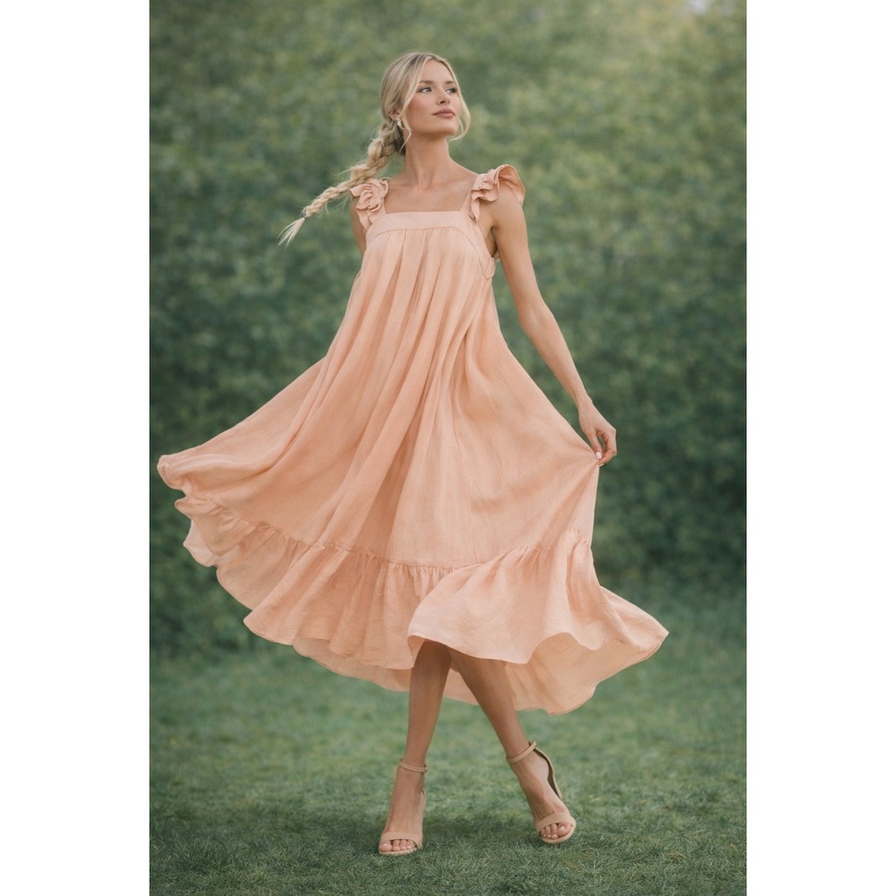 Mable Peach Ruffle Strap Midi Dress‎ Flowy Boho Cottagecore